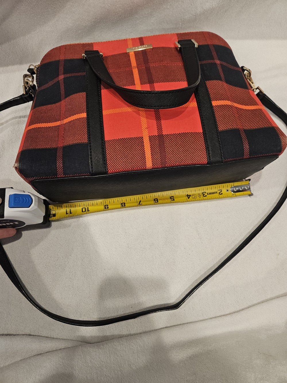 kate spade New York Newbury Lane Red Plaid Tote with Black Leather Trim Purse - Picture 15 of 16